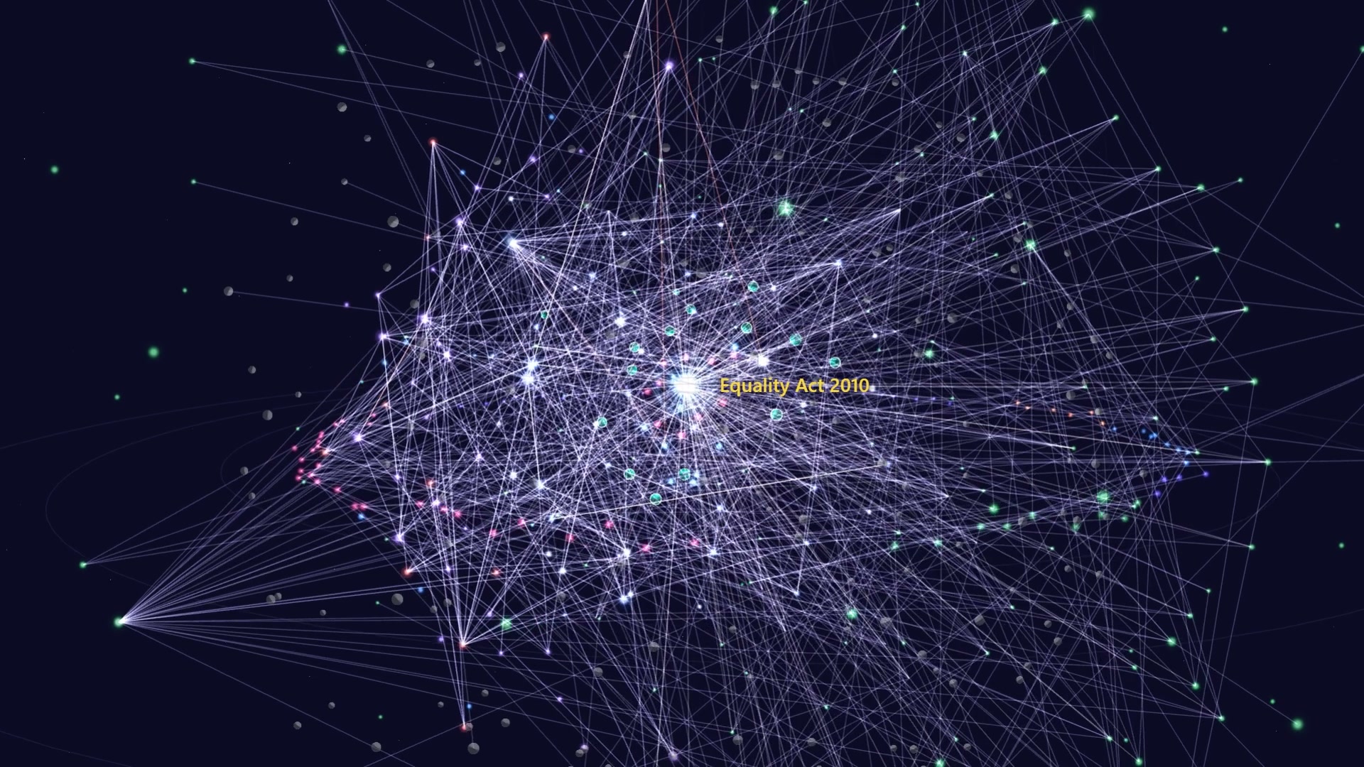 A dense field of linked points of light representing UK legal authorities on trans inclusion, with one held in a gold ring.